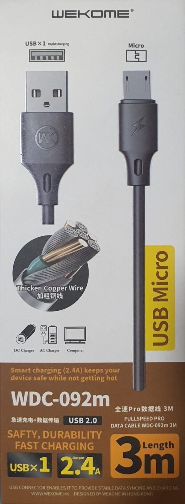 Cable USB a Micro USB V8 3 Metros