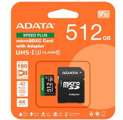 MicroSDXC ADATA 512 GB UHS-I – Speed Plus – V30 – UD512GUI3V30A2SP-RA1